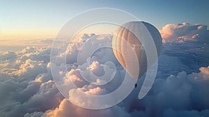 A high-altitude balloon with a compact work station inside, floating above the clouds, representing ultimate isolation