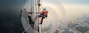 High-altitude climber. Banner. The profession of working at height. An industrial climber works on a skyscraper is