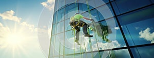 High-altitude climber. Banner. The profession of working at height. An industrial climber works on a skyscraper is