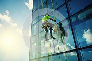 High-altitude climber. The profession of working at height. An industrial climber works on a skyscraper is attached by