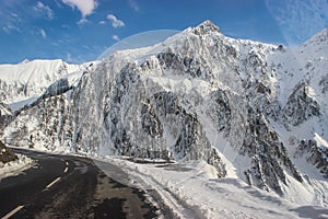 High altitude road passing through snow covered mountains of Himalayas at Drass. Srinagar-Leh Highway. BEACON. BRO. NHAI
