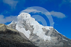 High altitude snow mountains in peruvian Andes Huascaran national park in Cordillera Blanca