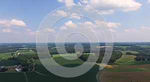 High altitude stationary aerial shot of crops & farmland in Rural Maryland, USA