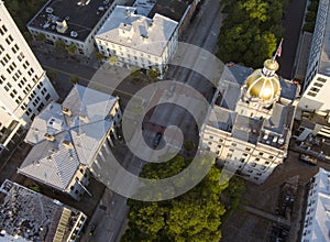 High angle aeria view of downtown Savannah, Georgia and city hall with its gold dome