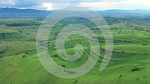 High Angle Aerial Above View of Green Meadow in the Spring, Countryside Hills