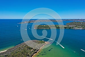 High angle aerial drone view of Grotto Point and Middle Head in the suburb of Mosman, Sydney, New South Wales, Australia. South