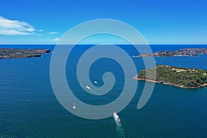 High angle aerial drone view of Middle Head in the suburb of Mosman, Sydney, New South Wales, Australia. North Head and South Head