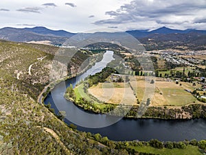 High angle aerial drone view of River Derwent, one of the major rivers on the island of Tasmania, Australia