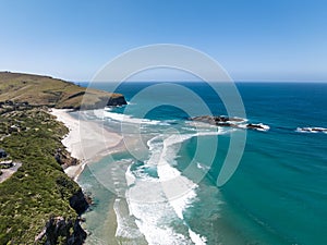 High angle aerial drone view of Smaills Beach and Bird Island