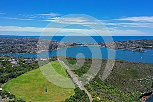 High angle aerial drone view of Tania Park in the suburb of Balgowlah Heights, Sydney, New South Wales, Australia. Manly and photo