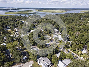 High angle aerial view of Bluffton, South Carolina with the Maye River in the background