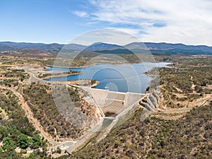 High angle aerial view of Cotter Dam and Cotter reservoir, a supply source of potable water for the city of Canberra