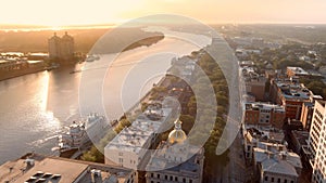 High angle aerial view of downtown Savannah, Georgia at sunrise