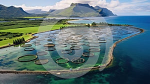 High angle aerial view of a a fish farm off the coast in the blue, sea during day time