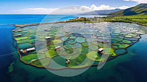 High angle aerial view of a a fish farm off the coast in the blue, sea during day time