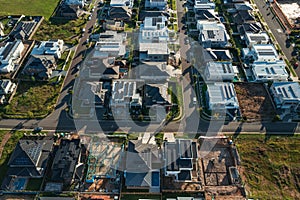 High angle aerial view of modern upmarket houses under construction, Sydney, Australia