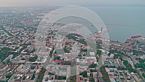 High angle aerial view of Odesa city center downtown revealing panorama of Odessa city with Opera Theater and Sea Port