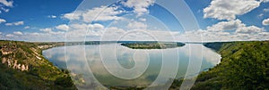 High angle, altitude view to the Nistru river, near Dubasari Dubossary, Transnistria, Moldova. Idyllic panoramic scene on the