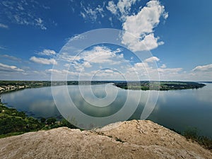 High angle, altitude view to the Nistru river, near Dubasari Dubossary, Transnistria, Moldova. Idyllic panoramic scene on the