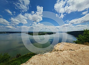 High angle, altitude view to the Nistru river, near Dubasari Dubossary, Transnistria, Moldova. Idyllic panoramic scene on the photo