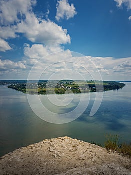 High angle, altitude view to the Nistru river, near Dubasari Dubossary, Transnistria, Moldova. Idyllic vertical orientation photo