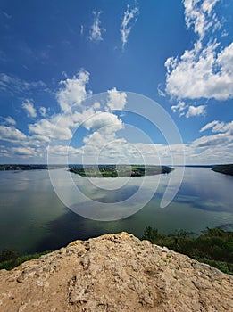 High angle, altitude view to the Nistru river, near Dubasari Dubossary, Transnistria, Moldova. Idyllic vertical orientation photo