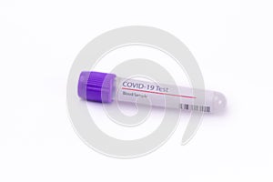 High angle close up shot of one empty blood sample tube on white background with copy space for Corona Virus Test