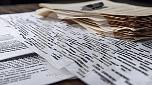 Aged Papers Stacked on Wooden Desk with Pen