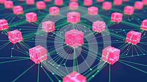 A digital visualization of a decentralized blockchain network with interconnected data nodes