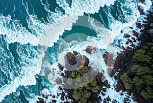 High angle drone shot of a stormy rocky shoreline with foamy waves. AI generated.