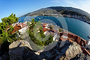 High angle fisheye view of Poros town in Greece in the evening