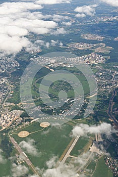 High angle flight view of the airport territory