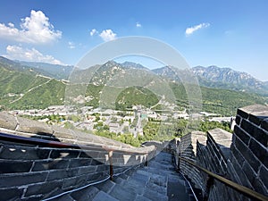 High angle of the Great Wall at Juyong Pass in Beijing on sunny day