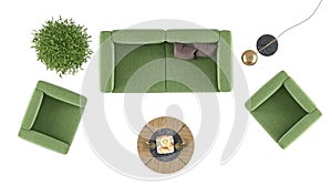 High angle of a living room with green furniture