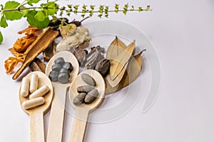 High angle macro shot of whole spices and ayurvedic pills in wooden spoons with green tulsi leaves on white background. Herbal