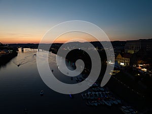 High-angle of Mississippi river view reflecting sunset purple clear sky background