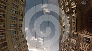 High-angle motion jib view of old city center