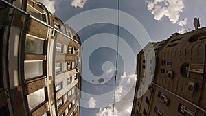 High-angle motion jib view of old city center