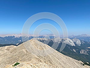 High angle natural point of view on awesome landscape of Bugey mountains in Ain valley by sunny summer day