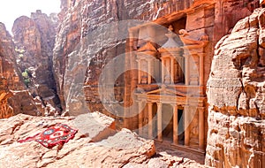 High angle panorama view of Treasury Temple in Petra after sunrise - World heritage site from the Nabatean Kingdom in Jordan