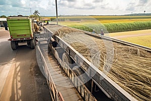 High-angle perspective of sugar cane arriving by truck to a factory, where it is weighed, washed, and prepared for processing photo