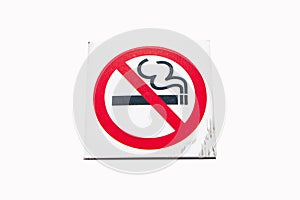 High angle photo no smoking sign old circle red white isolated on white background.
