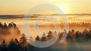 high angle of pine forest foggy and mistry golden hour