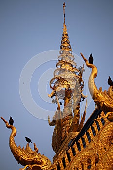 Roof structure Beautiful blue thai temple in the morning sky background
