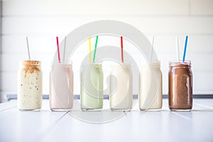 high angle of a row of milkshakes, various flavors, consistent styling
