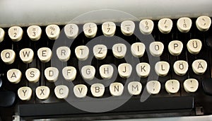 High angle shot of an antique typewriter on a white surface