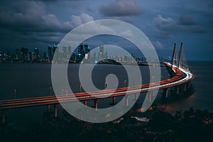 High angle shot of Bandra Worli sealink in Mumbai at night time