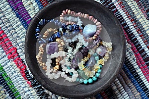 High angle shot of the beautiful and colorful puka shell bracelets