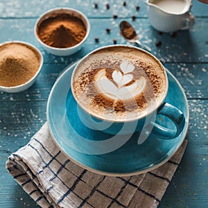 High-angle shot of a blue cup of cappuccino with a heart drawn with cocoa powder on the milk foam on a blue rustic table