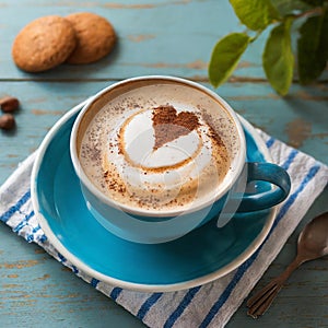 High-angle shot of a blue cup of cappuccino with a heart drawn with cocoa powder on the milk foam on a blue rustic table